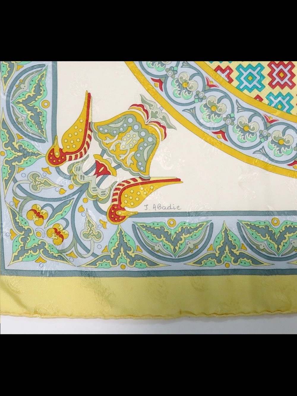 Hermes Yellow, Blue and Green Silk Scarf with Geometric Medallion Motif - Picture 10 of 13